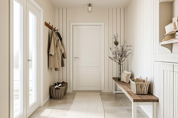 Interior stylish modern wooden entrance hallway decor with cozy wooden tone, contemporary home with furniture desk, stand and shoe bench.