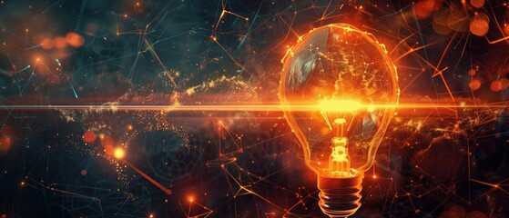 Illumination of Innovation, ideas and innovation, this image features a light bulb superimposed with a networked globe, glowing amidst a dynamic backdrop of digital connections and data points - obrazy, fototapety, plakaty
