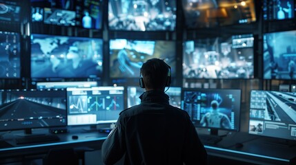 A professional security operator diligently monitors multiple CCTV screens, showing various live footage from different locations, ensuring safety and quick response in a high-tech control room - obrazy, fototapety, plakaty