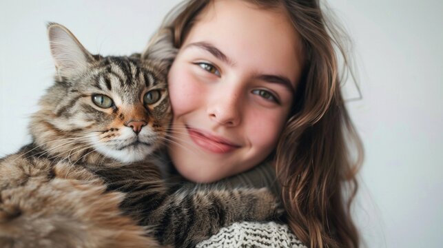 Selfie photo of a cute girl with her cat on a white background, generative AI