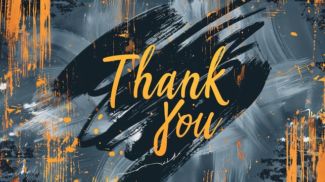 "Thank You" on an artistic thank you card featuring abstract brushstroke patterns and bold hand-lettered text on a contemporary charcoal gray background, exuding creativity and appreciation.