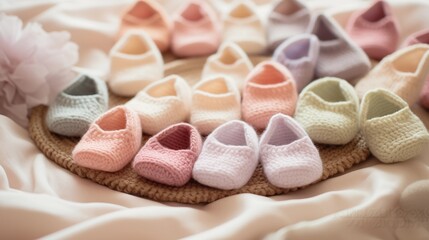 Fototapeta na wymiar Cute baby booties in pastel hues arranged with care on a soft, textured blanket.