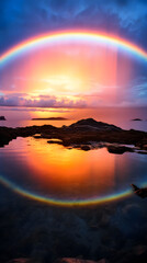 Ethereal Twilight Sky with Spectacular Double Rainbow Arcing over a Serene Landscape - obrazy, fototapety, plakaty
