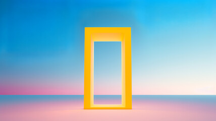 A glowing yellow frame stands in the middle of a blue and pink background,creating a surreal and minimalist scene.The frame stands out against the soft pastel colours of the surroundings.AI generated.
