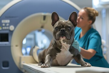 CT technologist to scan a French Bulldog an MRI scanner in veterinary clinic, copy space for text....