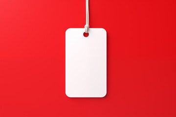 A blank white tag hangs from a string on a red background