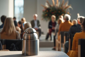 minimalistic grey urn with ashes on the table, family farewell ceremony to a loved one, with a crowd of people, copy space for text. Funeral concept. Final resting place for a departed soul. - obrazy, fototapety, plakaty