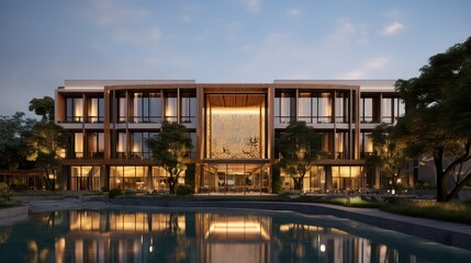 Obraz premium modern design hotel building illustration chic stylish, trendy sophisticated, minimalistic contemporary modern design hotel building