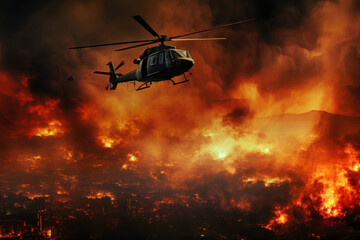 A helicopter hovers above a forest ablaze, releasing water to extinguish the fire below