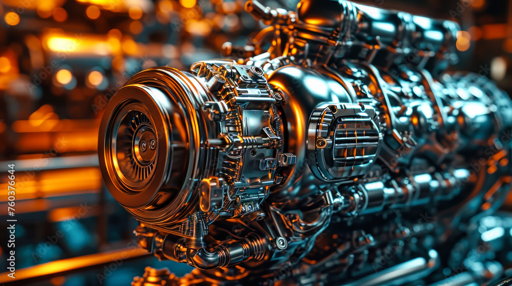Poster a detailed view of a modern engine on a conveyor belt at a factory during the production process, sh