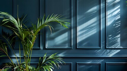 Elegant Interior Design Showcasing a Stylish Dark Blue Feature Wall Adorned with Exotic Palm Trees and Tillandsias