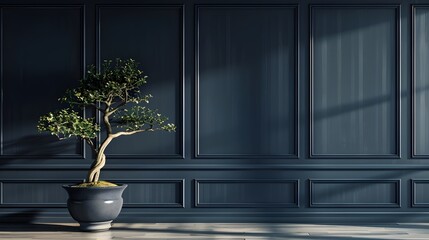Elegant Interior Design with a Soothing Blue Wall adorned by Exquisite Bonsai Trees and Babys Tears