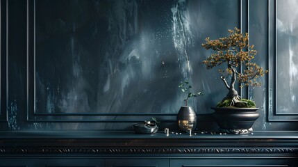 Elegant Interior Design with Dark Blue Wall Showcases Tranquil Bonsai Trees and Babys Tears