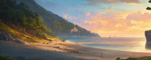 Pine Forested mountainous coastline cliff with beach, two caravels, dark sea, sunrise, highly detailed, digital painting, artstation, concept art, smooth, sharp focus, illustration, landscape