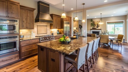 Elegant Kitchen with Granite Island and Eco-Friendly Bamboo Cabinetry - Modern Home Interior - obrazy, fototapety, plakaty
