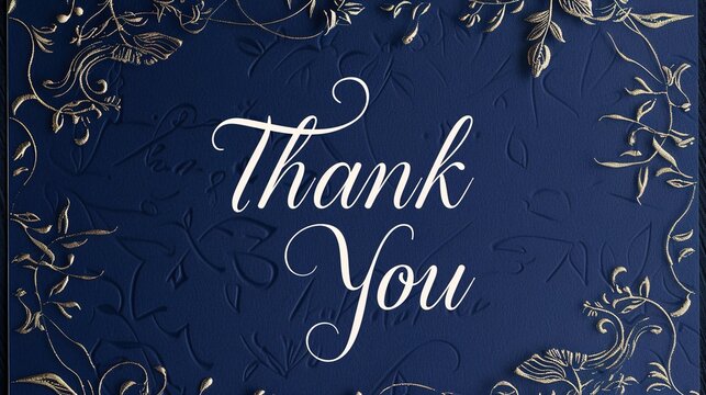 "Thank You" on a minimalist thank you card with elegant cursive writing against a deep navy background, conveying gratitude with simplicity and sophistication.