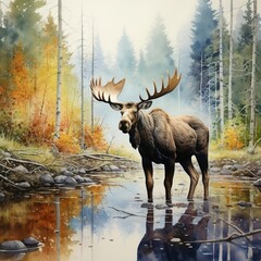 Majestic moose, forest stream, watercolor reflections, gentle giant, cute