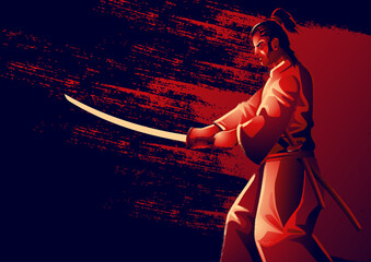 Dynamic vector illustration, featuring a grunge-style depiction of a samurai poised for battle, katana in hand