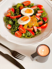 Kale and Boiled egg salad for breakfast. Healthy Ingredients. Morning time. Delicious food. Cooking recipes. Brunch. Healthy recipe. American breakfast. Easy breakfast recipes. First dish. Simple.