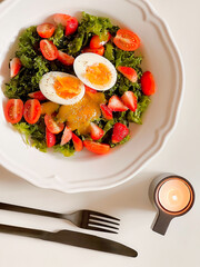 Kale and Boiled egg salad for breakfast. Healthy Ingredients. Morning time. Delicious food. Cooking recipes. Brunch. Healthy recipe. American breakfast. Easy breakfast recipes. First dish. Simple.