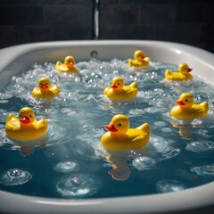 Rubber ducks floating in a bubble bath on Rubber Duckie Day in the Bath