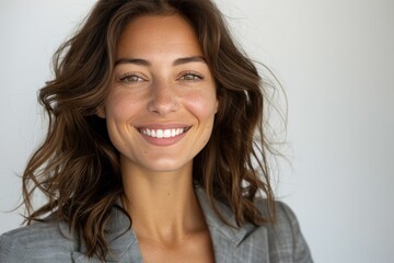 Naklejka premium A woman with long brown hair and a grey jacket is smiling