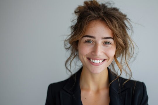 A woman with long brown hair and a black jacket is smiling