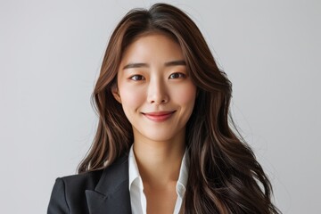 Obraz premium A woman with long brown hair and a black suit is smiling
