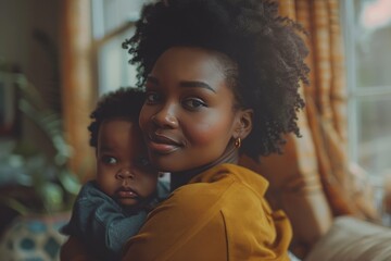 A woman is holding a baby and smiling - obrazy, fototapety, plakaty