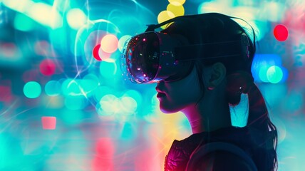 A woman immersed in a virtual reality experience with vibrant neon lighting could illustrate futuristic tech events or entertainment concepts. - obrazy, fototapety, plakaty