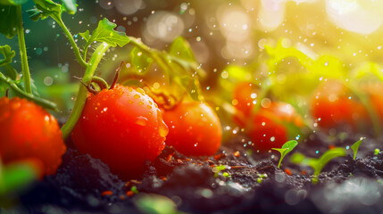 Sun-kissed tomatoes ripening on the vine with water droplets and soil - obrazy, fototapety, plakaty