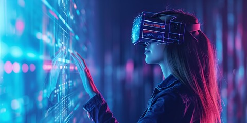 A woman interacting with a futuristic touch screen interface while wearing a virtual reality headset, set against a backdrop of vibrant neon lights, suggesting themes of technology and innovation.