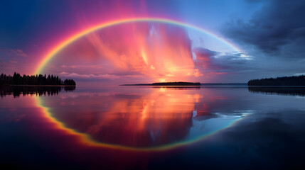 Ethereal Twilight Sky with Spectacular Double Rainbow Arcing over a Serene Landscape - obrazy, fototapety, plakaty