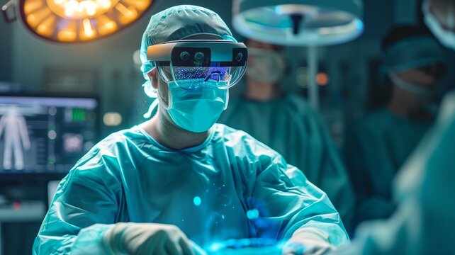 Surgeon with augmented reality headset in operating room, showcasing medical technology and innovation, suitable for education and healthcare promotion.