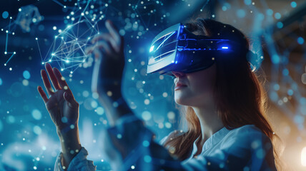 A woman immersed in a virtual reality experience, interacting with a futuristic digital interface surrounded by glowing particles, suitable for tech-related events or themes.