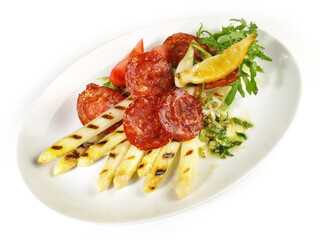 Grilled white Asparagus with Butter and roasted Salami Slices - 760379692