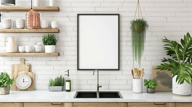Frame mockup.cozy and modern style sink.home kitchen interior