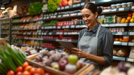 She is wearing an apron and she is a cashier