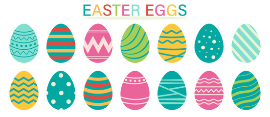 Easter eggs set. Color easter eggs with decoration patterns. Vector illustration.