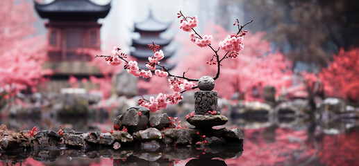 Japanaise Garden with blooming Bonsai Tree - 760379846