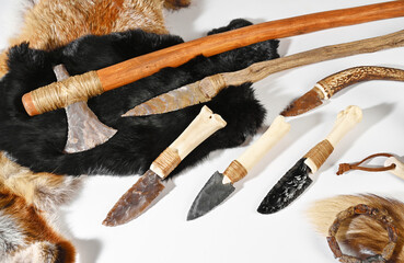 Stone Age Tools with Knives and Animal Fur - 760379868