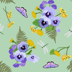 Pansies, wildflowers, butterflies and dragonflies on a green background.
