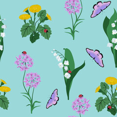 Seamless vector illustration with wildflowers, dragonflies and ladybug - obrazy, fototapety, plakaty