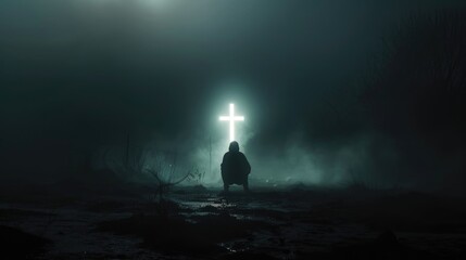 person praying infront of a glowing christian cross