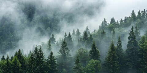 beautiful view ofer a foggy forest from hill