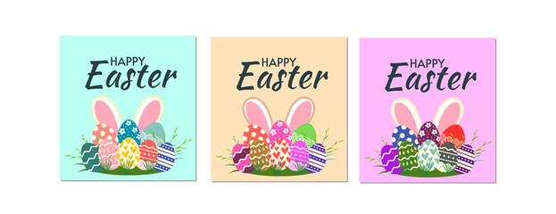 Set of Happy Easter greeting cards with Easter bunny and eggs. Vector illustration