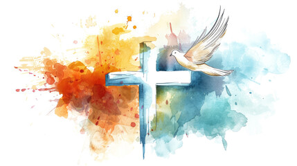 colorful watercolor christian cross with dove of peace isolated on white or transparent png - obrazy, fototapety, plakaty