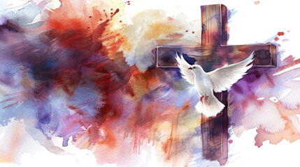 colorful watercolor christian cross with dove of peace isolated on white or transparent png