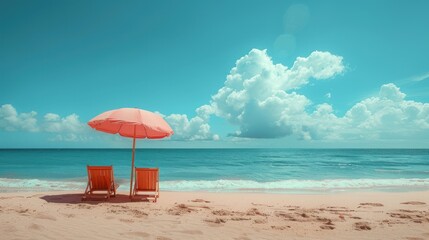 Two deck chairs under a pink umbrella on a bright blue beach