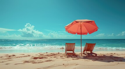 Two deck chairs under a pink umbrella on a bright blue beach